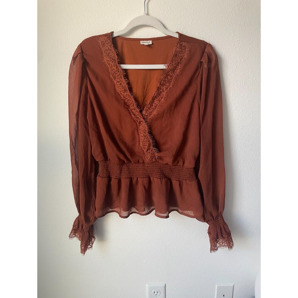 Self Esteem Rust Terracotta Lace Faux Wrap Peplum Blouse Sheer XL